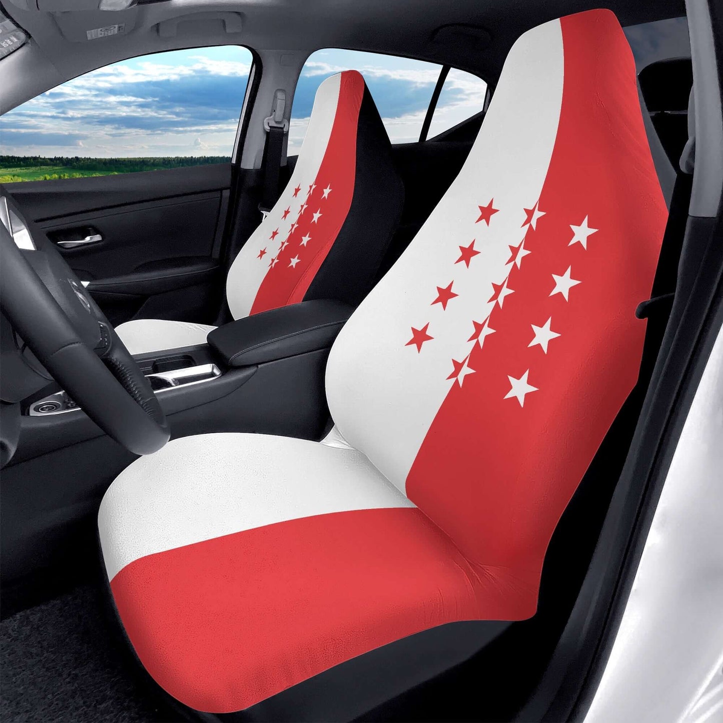 Duo housses de siège auto en tissu microfibre léger, élastique et extensible, avec design inspiré par Singapour.