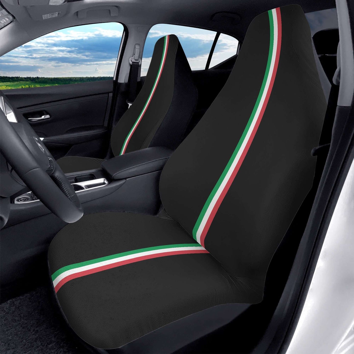Duo car seat covers in Italia noir with colorful stripes, designed for easy installation and premium comfort.