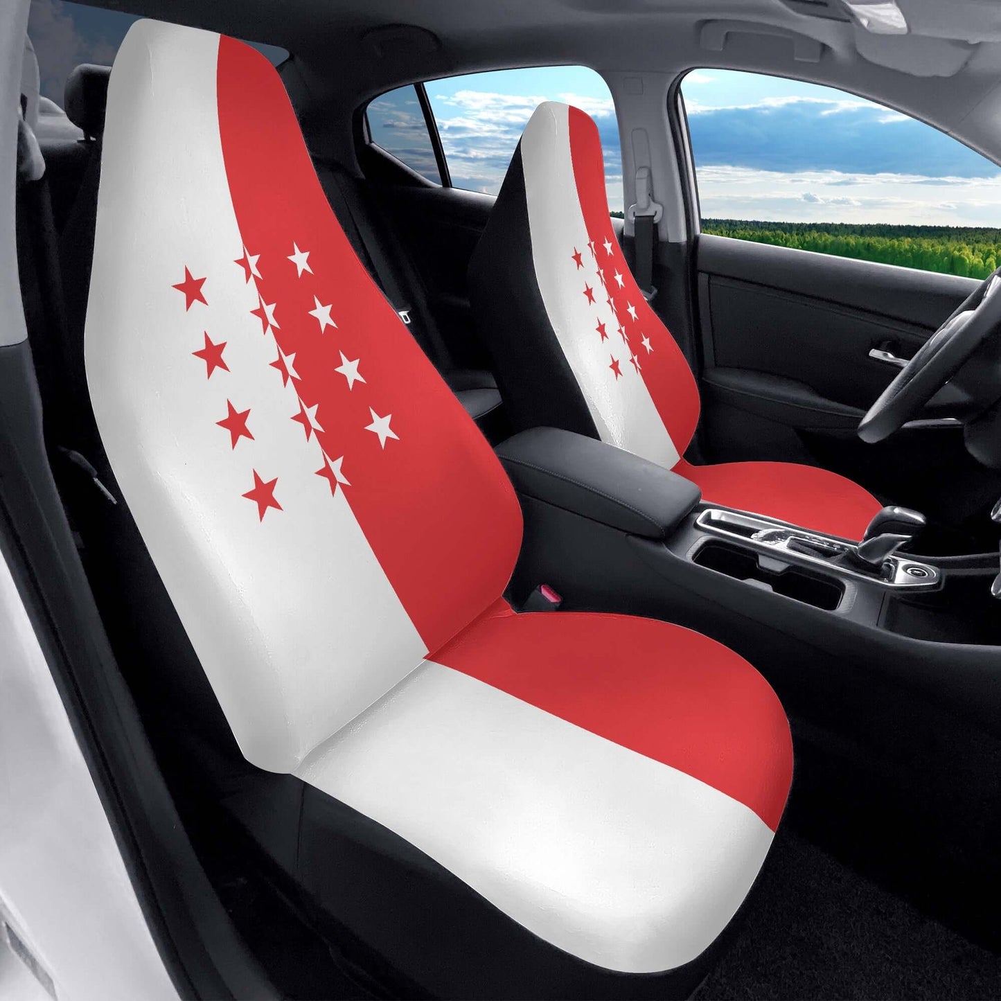 Duo housses de siège auto en microfibre avec design rouge et blanc, adaptées à la plupart des voitures.