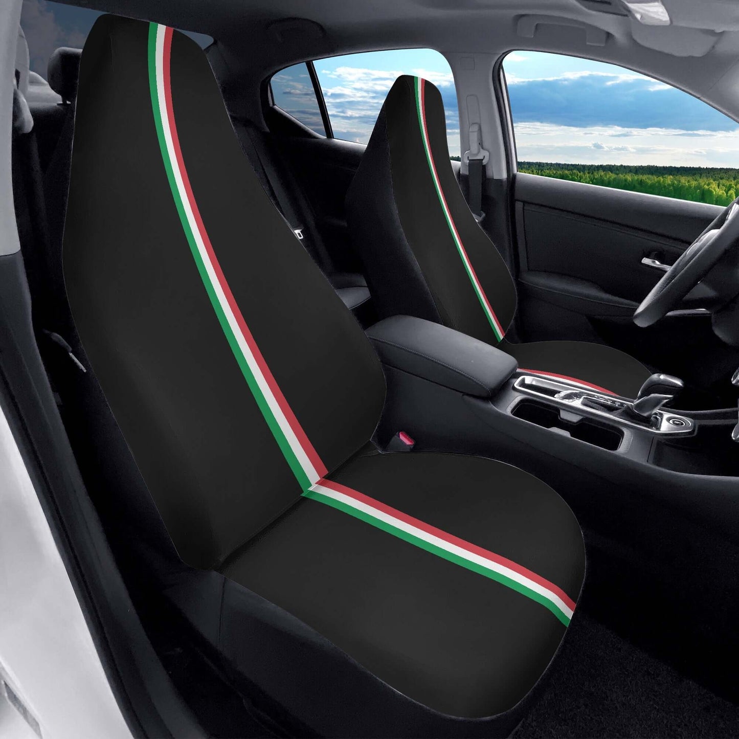 Duo auto seat covers with black microfiber and Italian tricolor design, perfect for most car models.