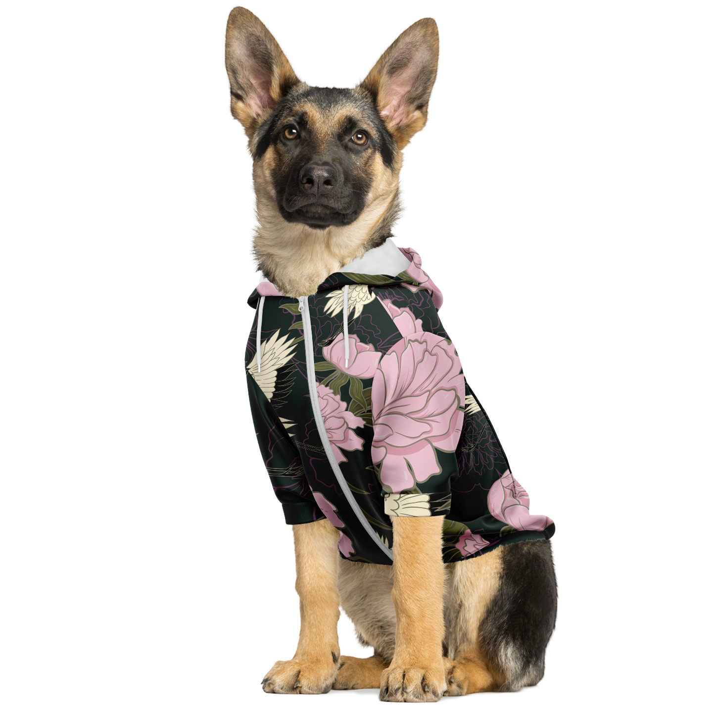 Kapuzenpulli mit Reißverschluss für Hunde | Kraniche und Pfingstrosen